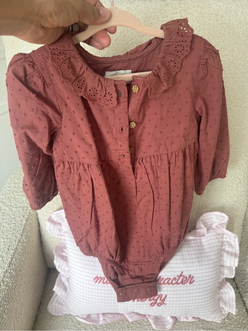 Long-Sleeve Eyelet Collar One-Piece Bodysuit in Dusty Mauve